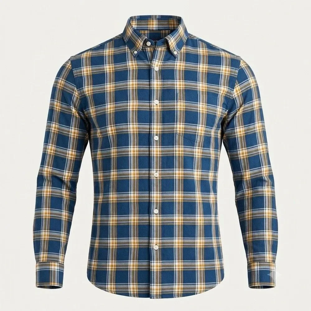 J.Crew Button Down Shirt Mens Large Slim Fit Flex Washed Plaid Blue Yellow Gold